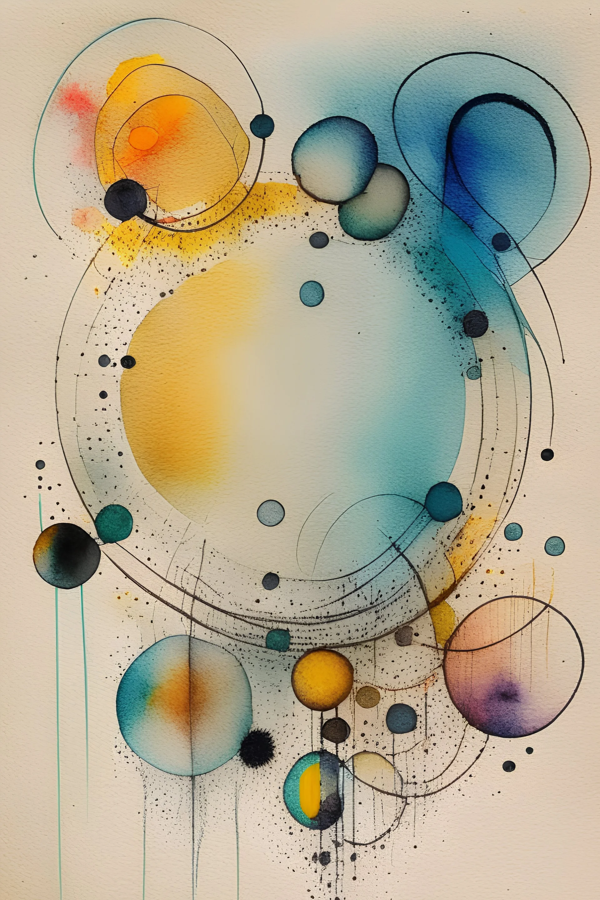 Abstract wet watercolour, ink lines, interlinked circles