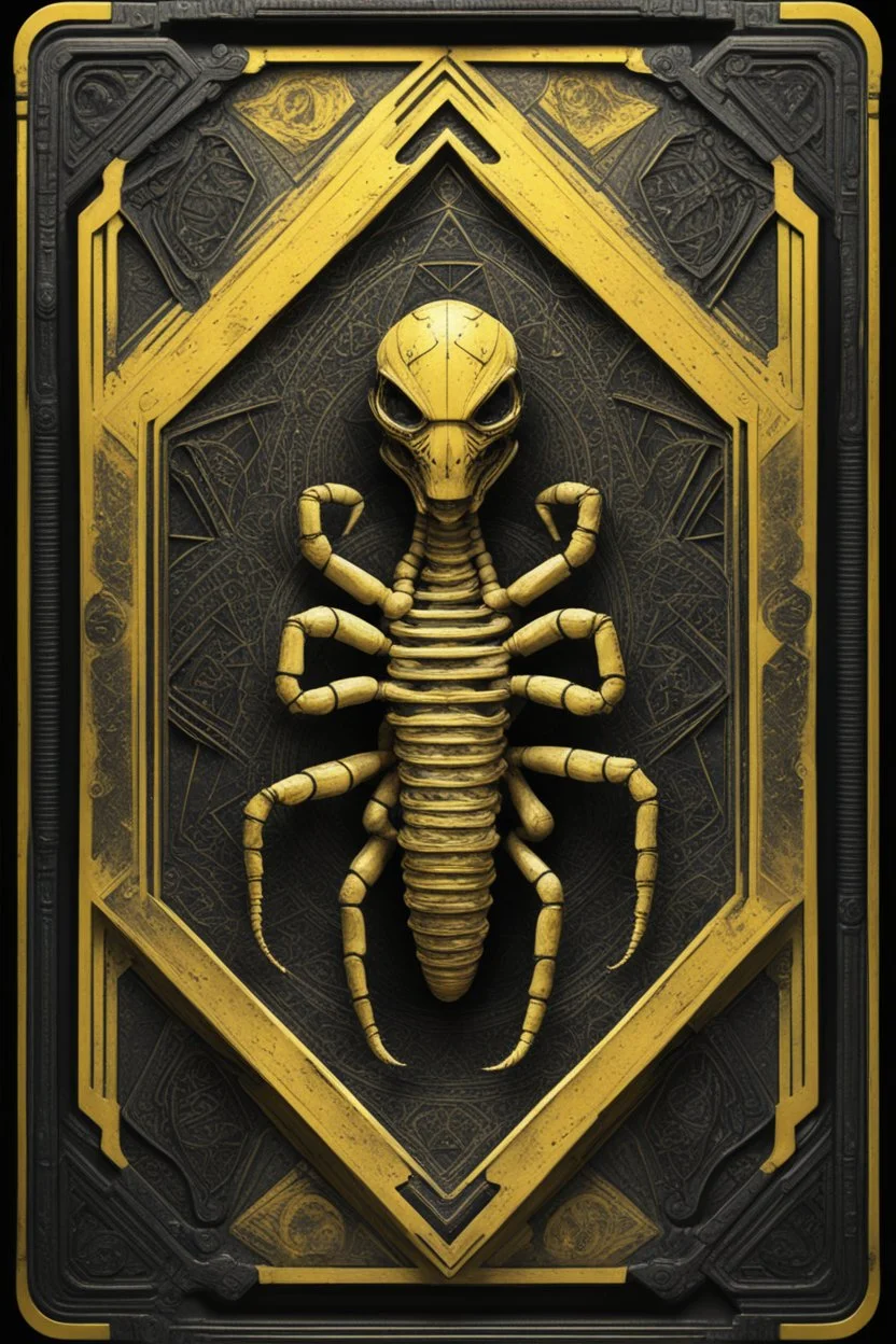 sacred geometry framed playing card, black and yellow scorpion fractal mummy relief with shadows boss card in the style of Giger and fallout 4 ,,bokeh like f/0.8, tilt-shift lens 8k, high detail, smooth render, down-light, unreal engine