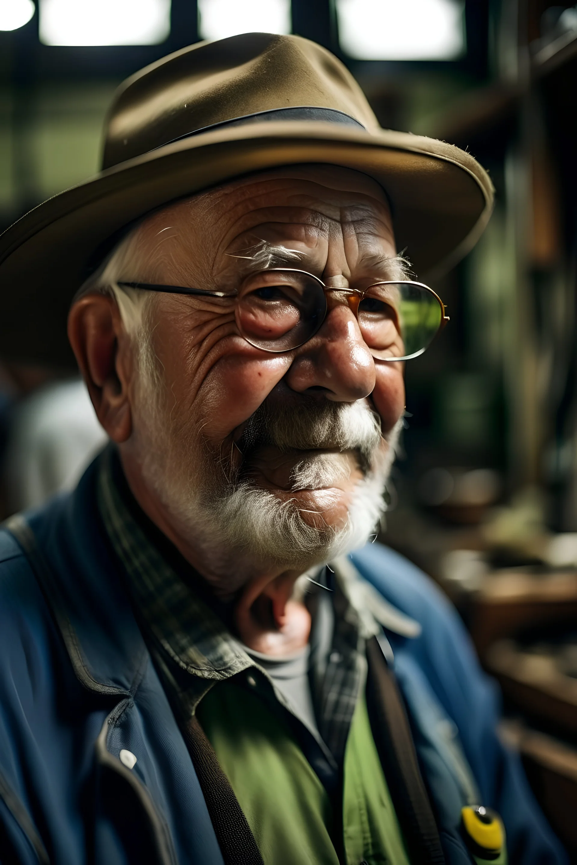 un retrato de un anciano con un sombrero de pesca y lentes oscuros en un taller mecanico