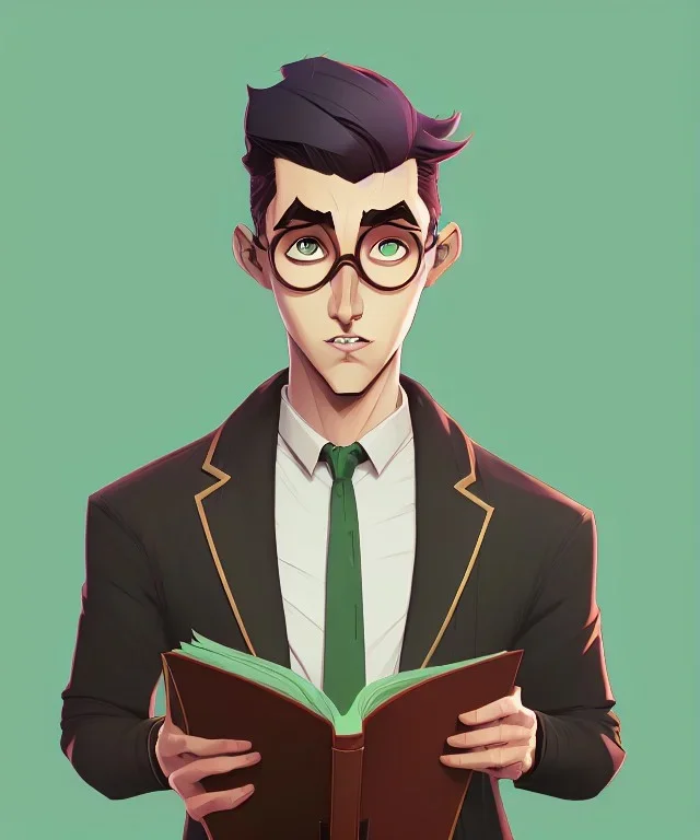 Fit man in round glasses with bookshelf in background,no beard, reading book, slim, tie, monotone, green eyes, comic book style, two tone colours, detailed, ink, realistic, handsome, square jaw, big brows, no jacket, bird on the shoulder