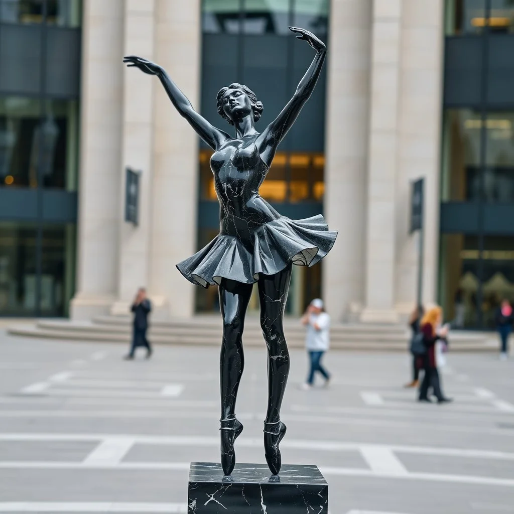 photo of a statue of ballerina made of black marbel in a modern city center