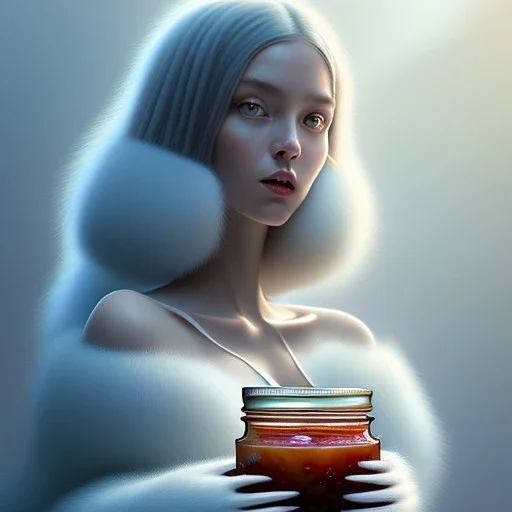 pixar style, realistic painting of a women in dress and a jar jam marmelade in kitchen,volumetric blue sky environment and background, volumetric lighting,dramatic lighting, detailed digital painting, extreme dense and fine fur, anime, ornate, colour-washed colors, elegant, small minutiae, tiny features, particulars, centered, smooth, sharp focus, renderman gofur render, 8k, uhd, detailed eyes, realistic shaded volumetric lighting,caustics,backlight, full body