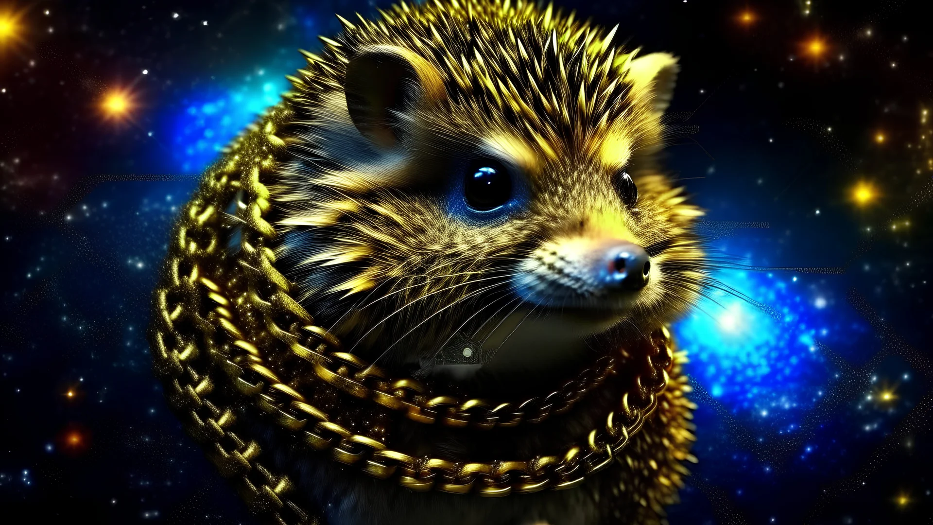 gangster hedgehog with gold curb chains in space. nebula , Sparks, Lightning, Portrait Photography, Fantasy Background, Intricate Patterns, Luminous, Radiance, Ultra Realism, Intricate Details, High Quality, Studio Photo, Intricate Details, heart designs. colorful