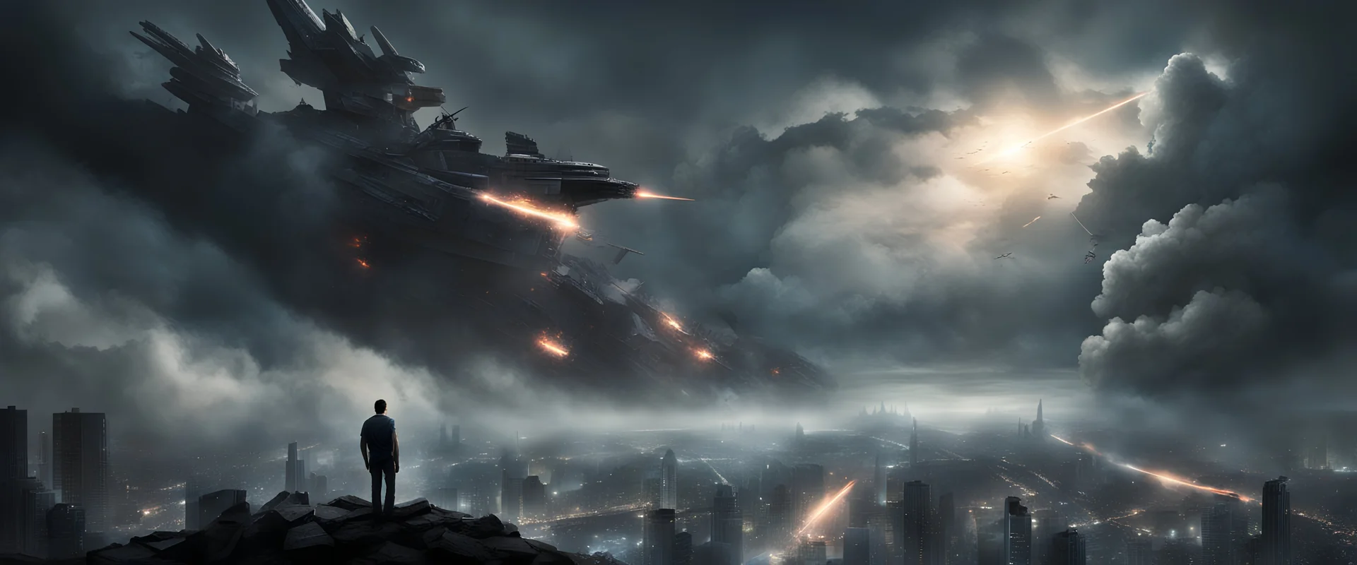 photorealistic. its a dark night. father and son holding hands as they watch. A hightech, menacing, arrow-shaped space battleship is emerging from the clouds and hovers high above a city. explosions are visible on the ground.