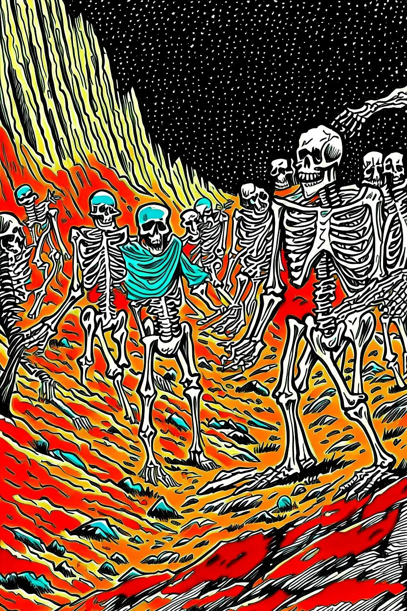 ,Digital illustration of horror genre comic book cover from the 1980s, giant larger than life skeleton picks up tiny humans as they try to run away from inside the cave, macabre, gorey, 1970 illustration art style, absurdist, conye.color pencils, ink, counter culture, dystopian, retro futuris. 90s riot girl look, punk aesthetics, collage, psychedelic, grime, textured, mixed media with a british pop culture influence, maximalism, feminist icon,