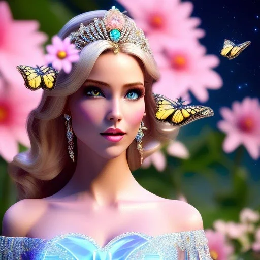 Full body Princess, woman blondie, make up,smile, beautiful place,amazing, flowers, colors, blue and pink butterfly, , realistic, photo real, stars night, detailed, high contrast, 8k high definition, unreal engine 5, extremely sharp detail, light effect, light background