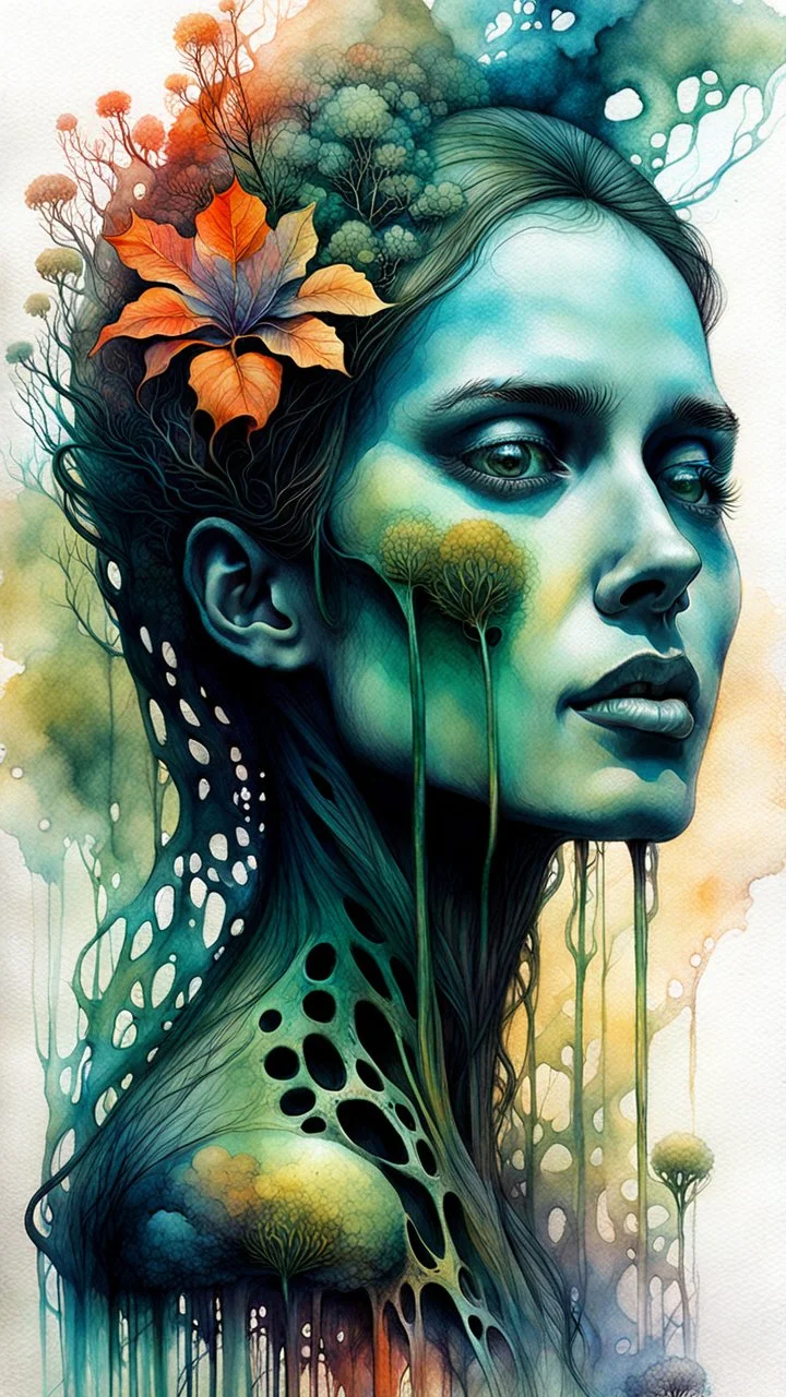 Zdzislaw Beksinski, and Peter Gric style ink wash and watercolours , full body illustration of a beautiful young girl , highly detailed facial features, mixed to anatomical portrait view, visible plant like skeletal structure, wildly flowing splash colours , 8k octane, all in focus, clean , no grain, ethereal, otherworldly concept art in vibrant natural colors