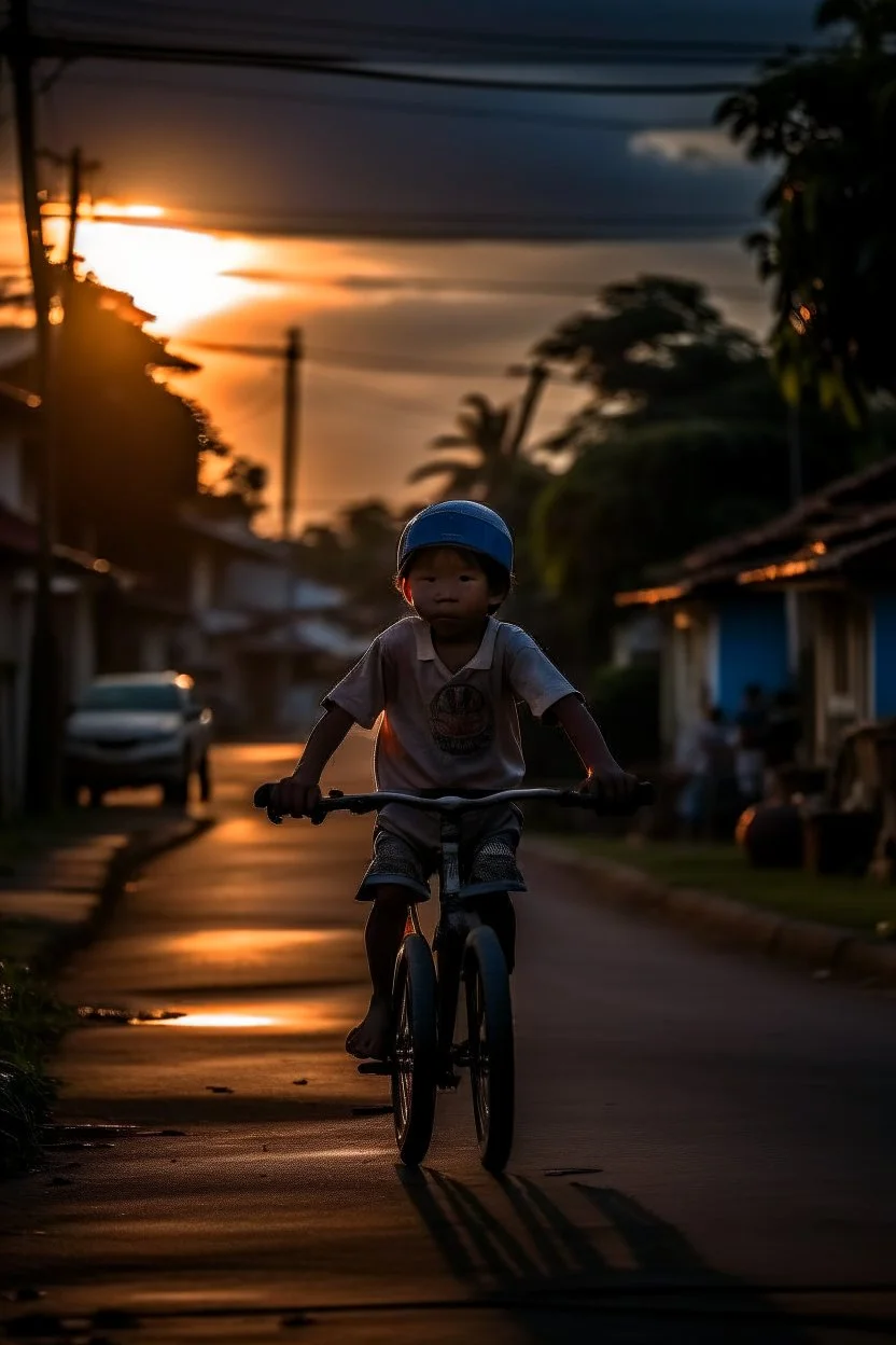 anak kecil berpetualang naik sepeda saat senja di jalanan pemukiman kota kecil indonesia