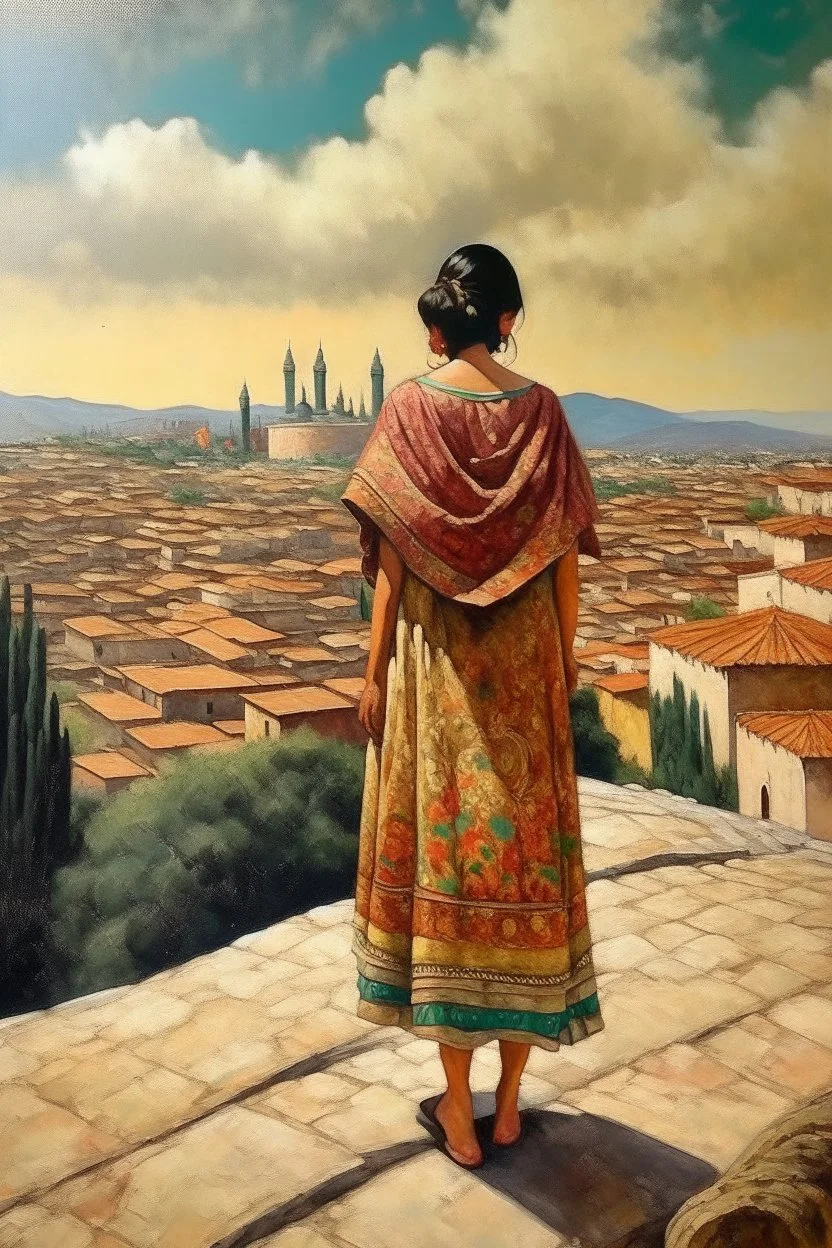 2 mexican woman painting neoclassism standing from the back whole body zoom out looking at a traditional mexican city with child