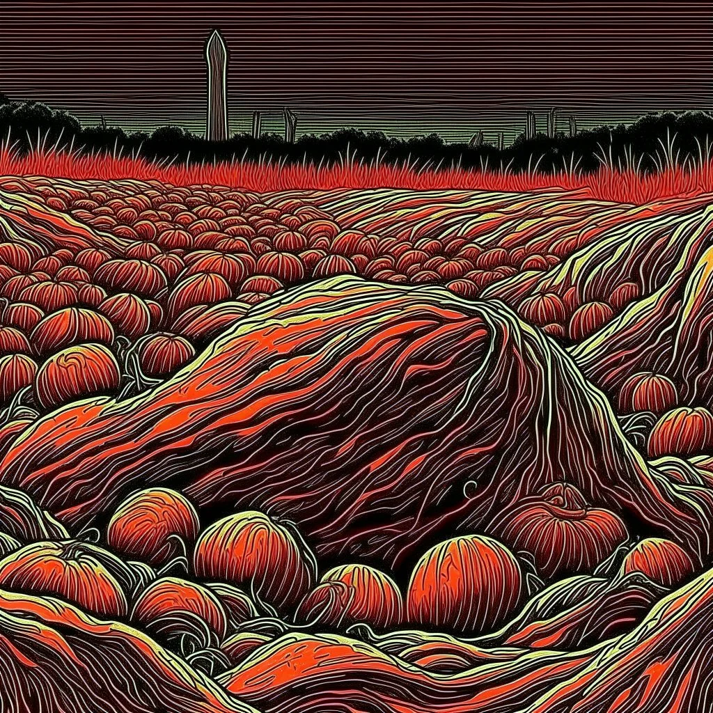 fiery harvest moon blazing over farm field of bulging fat pumpkins, hypersurreal, color pen illustration, by Moebius, by Dave McKean, fantastical intricately detailed art. deep warm colors, complementary colors, trending on Artstation.