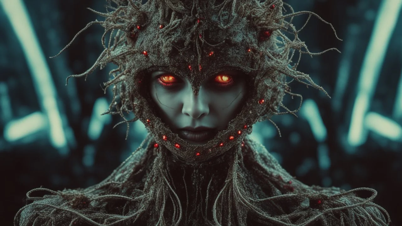 Demon girl wizard hat Halloween vintage girl, fullbody, creepy, horrifying, sinister, many worms parasite creature connected to the head and hands, sparks around her, sparks cybernetic, intricate, 8k, macro photography,