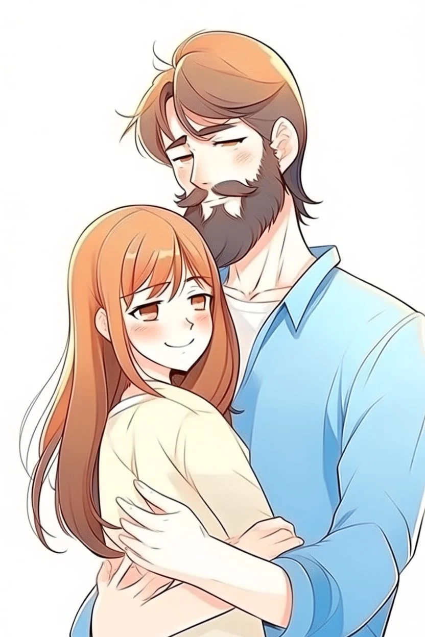 Anime man with beard, handsome and happy, holding wife. Romantic and in love