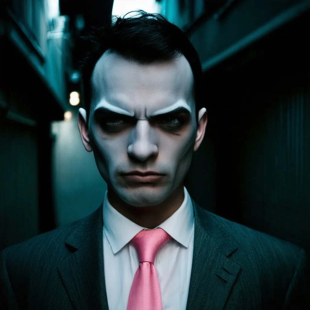 very grainy discolored 2000s photo, closeup portrait, dark night alley with no lights, grunge, extremely gaunt male with chalk-white skin wearing a good suit with a pink tie, calm, imposing, crazy look in the eyes, malkavian