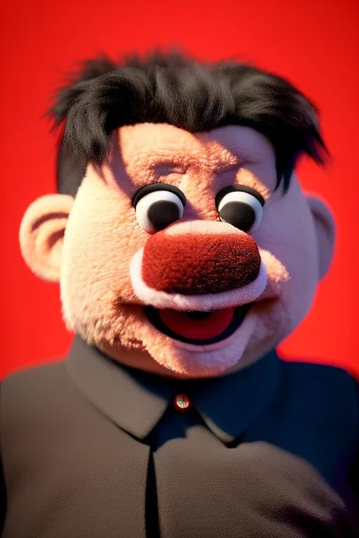 Waist up muppet Portrait, Kim Jong-un as muppet doll, black suit, photo studio, red background, unreal engine 5, concept art, art station, god lights, ray tracing, RTX, lumen lighting, ultra detail, volumetric lighting, 3d.