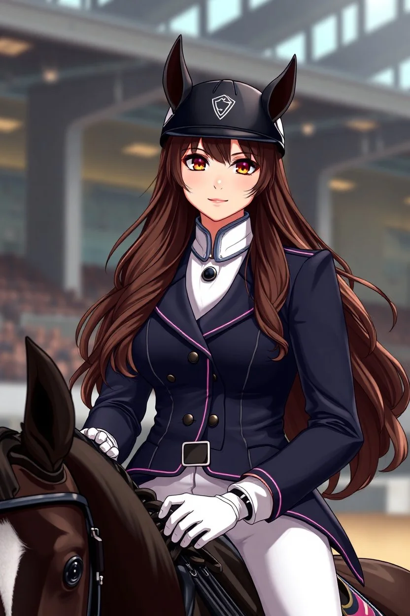 A portrait of a woman with long brown hair and red eyes wearing competitive horse riding clothes, riding a black horse, modern dressage arena setting, anime style, intricately detailed, masterpiece, HD, 4k
