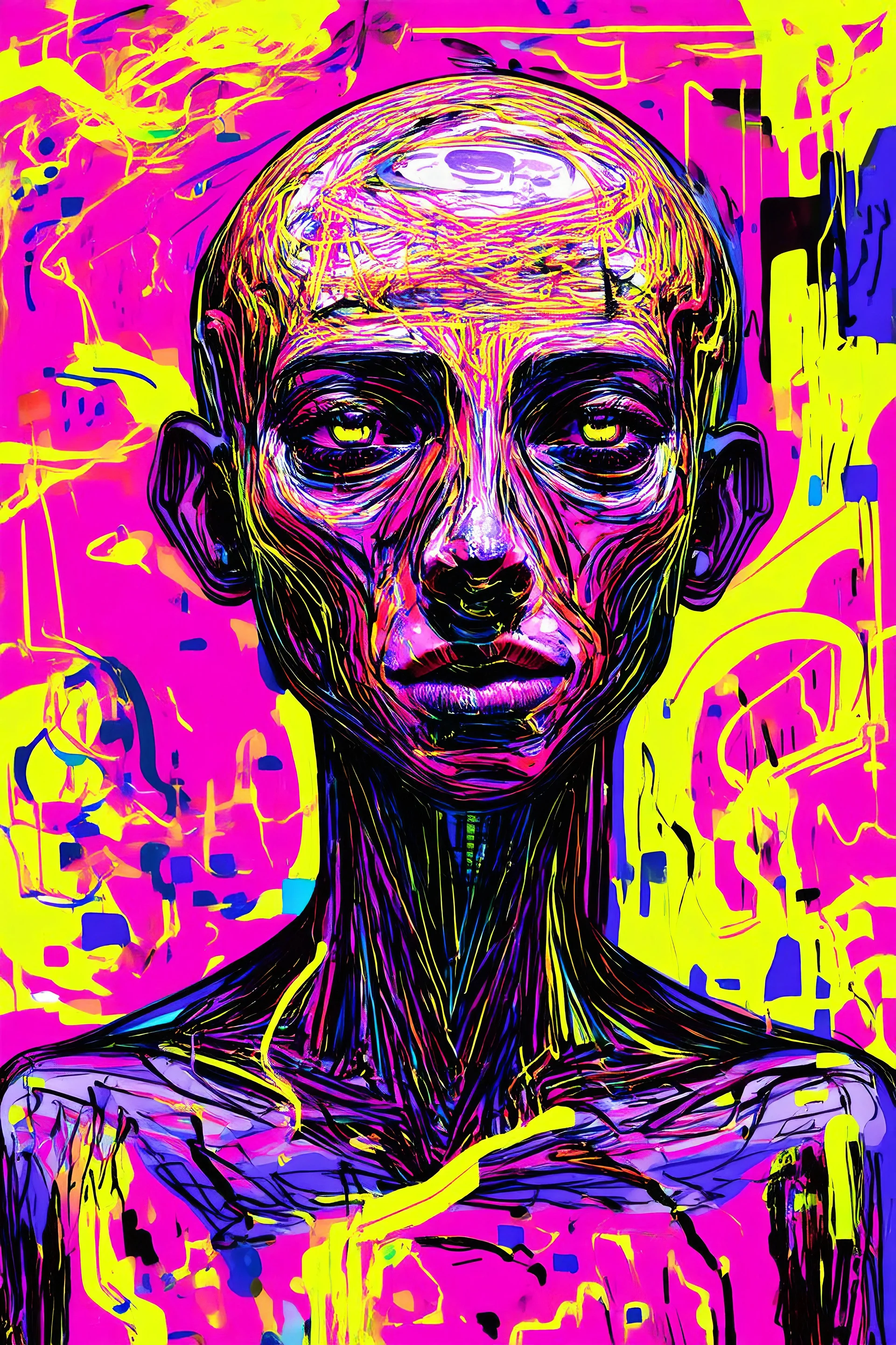 A colorful, abstract illustration of a humanoid figure, featuring exaggerated facial features and intricate linework. The image is filled with vibrant hues of pink, yellow, and purple, creating a surreal and dreamlike effect. Various shapes and patterns blend into the background, enhancing the whimsical and chaotic feel of the composition. Brightly colored accents and a sense of movement add to the overall dynamic appearance, evoking a sense of otherworldly energy.