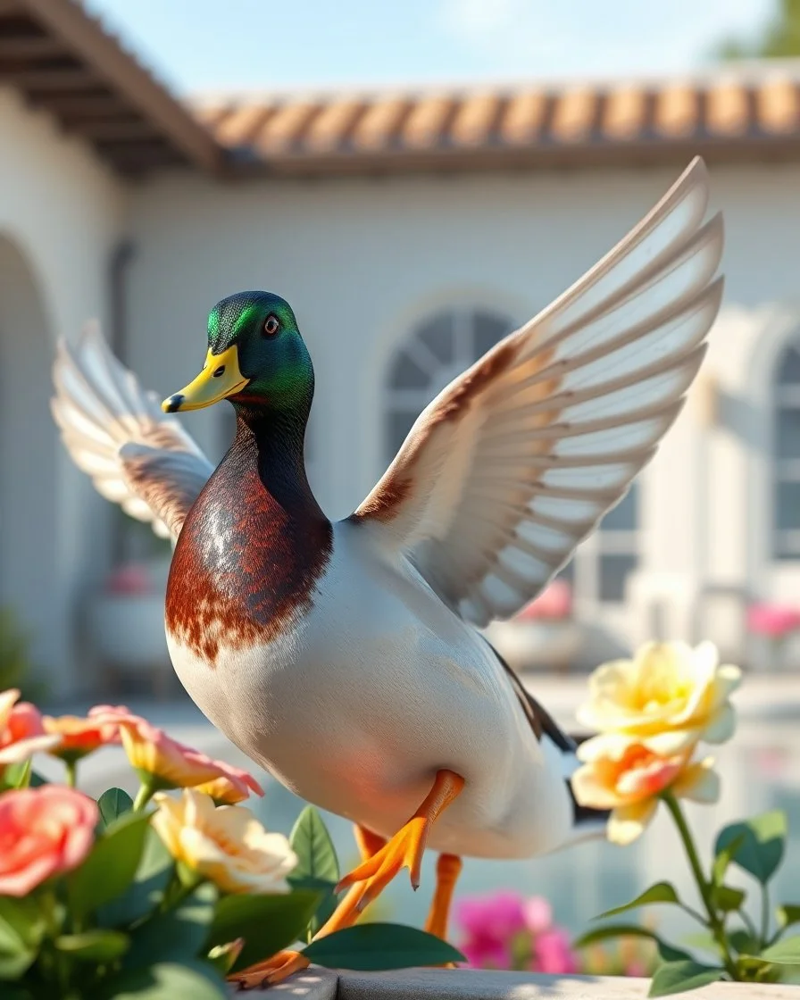 Generate image: Generate image: Generate image: A macro 3D render of a cute, lovely mallard with dark green neck ,entirely of translucent, glossy,colored jelly material. it is starting to fly in terrasse of a luxury villa next to flowers ,subsurface scattering and gelatinous texture . High-quality CGI, octane render, 8k resolution, whimsical, adorable, clean composition., in the style of Portraits, in the style of Portraits, 4:3
