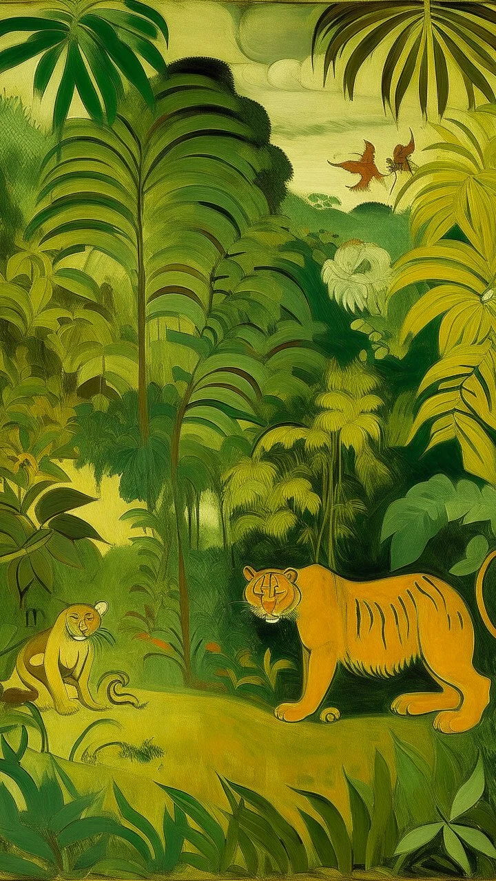 An olive green jungle with tigers painted by Paul Gauguin