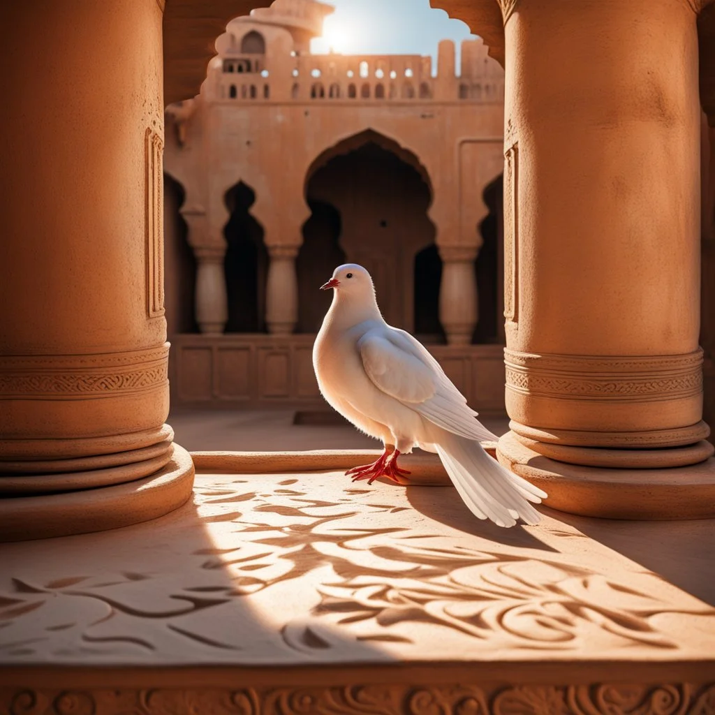 Hyper Realistic Photographic-Zoomed-View Of White-Dove Sitting On The Traditionally-Crafted-Surface-of-the-Balcony inside Traditional Rajasthani Fort With with sunrays casting Dove's Shadow showing dramatic & cinematic ambiance.