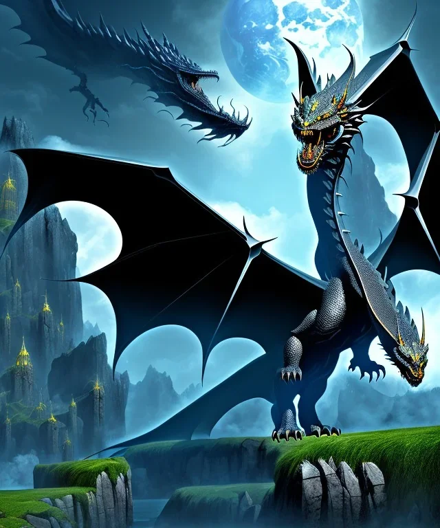 A black dragon of great magnitude, fantasy, realistic,