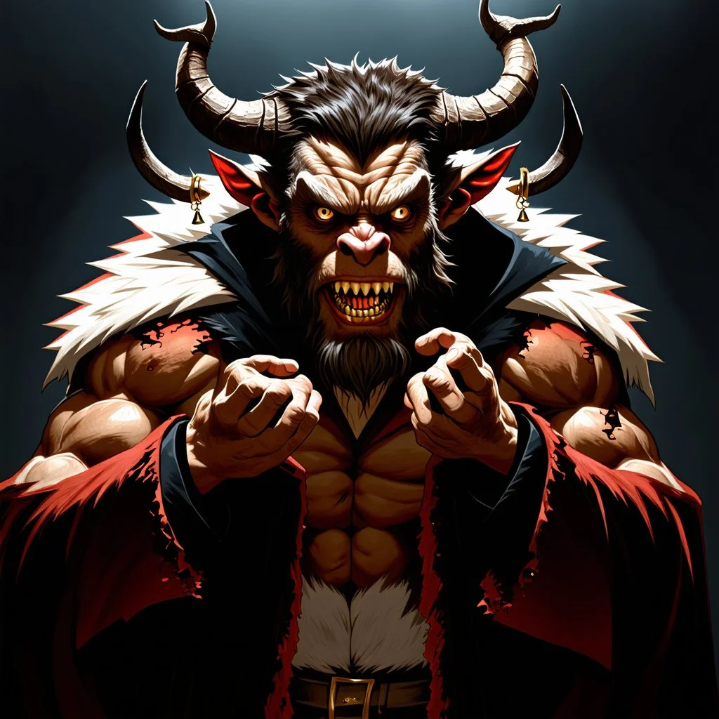 A dark fantasy illustration of Krampus, the legendary horned Christmas demon, staring intensely at the viewer with piercing amber eyes and a wicked, toothy grin. His muscular form is draped in a tattered crimson coat with grimy white fur trim and a flowing black cloak that billows dramatically behind him, while his gnarled, claw-tipped hands hold open an ominous black Santa sack as if beckoning the viewer inside. Curved ram-like horns spiral upward from his head, adorned with small brass bells t
