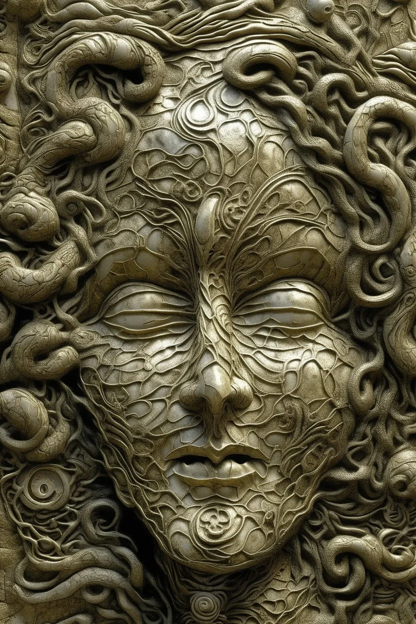sculpture of a woman face with curly hair decayed and rotting with grotesque proportions and imagery. abstract grotesqueries, detailed texture, surreal , biomechanical design, by hr giger and beksinski