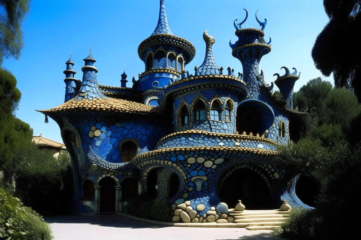 A dark blue dragon palace painted by Antoni Gaudi