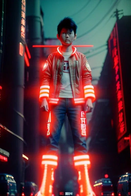 Thriller movie, Kaneda from Akira anime, neotokyo city background, retro futuristic style, glow eyes, cinematic, Ultra realistic, wide angle view, soft color, highly detailed, unreal engine 5, RTX, ultra detail, volumetric lighting, 3d, finely drawn, high definition.