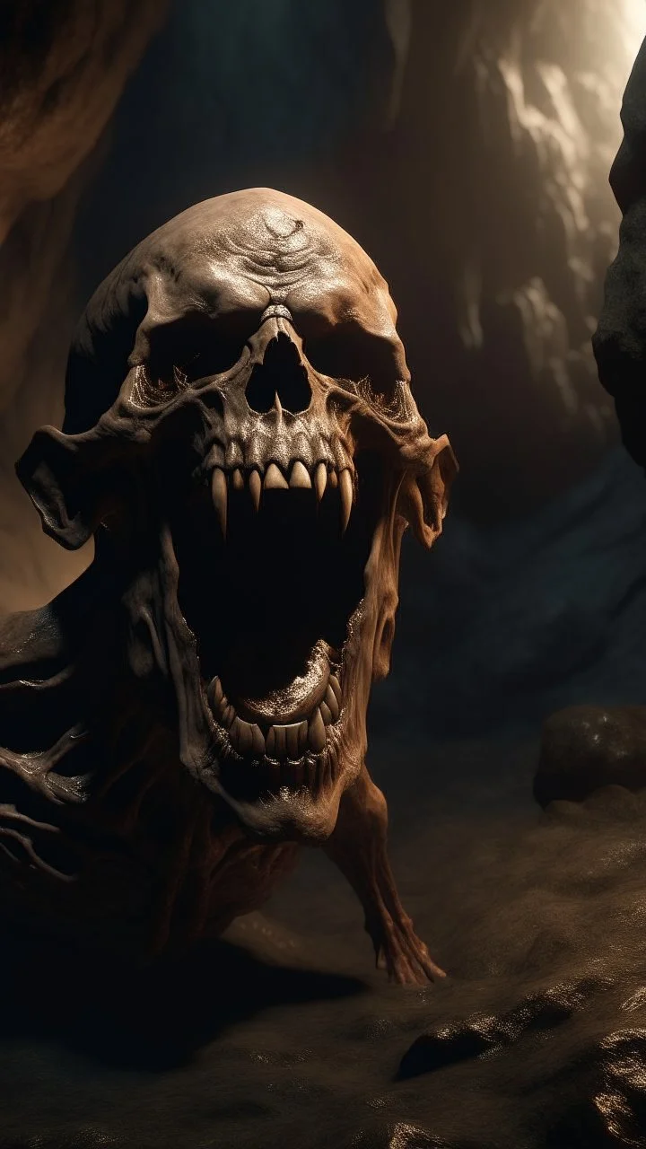 An evil creature with skull covered with thick layer of dark brown corrosion , open his mouth wide screaming without teeth, and standing in front of a dark cave, Bosch painting style , of a nightmare , hyper photorealistic, hyper detailed dark , high resolution, fog, octane render, tilt shift, 8k ,