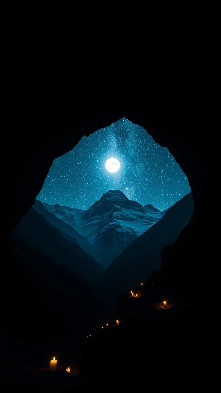 surreal glowing in dark, millions of stars. a sun view through a mountain cave with people in it with candles lights in double exposure