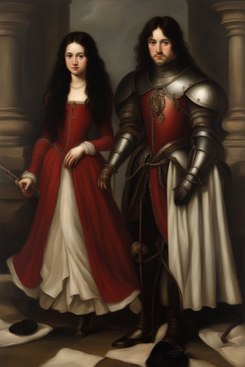 Oil painting Knights and princess wearing a dark red dress and long black hair