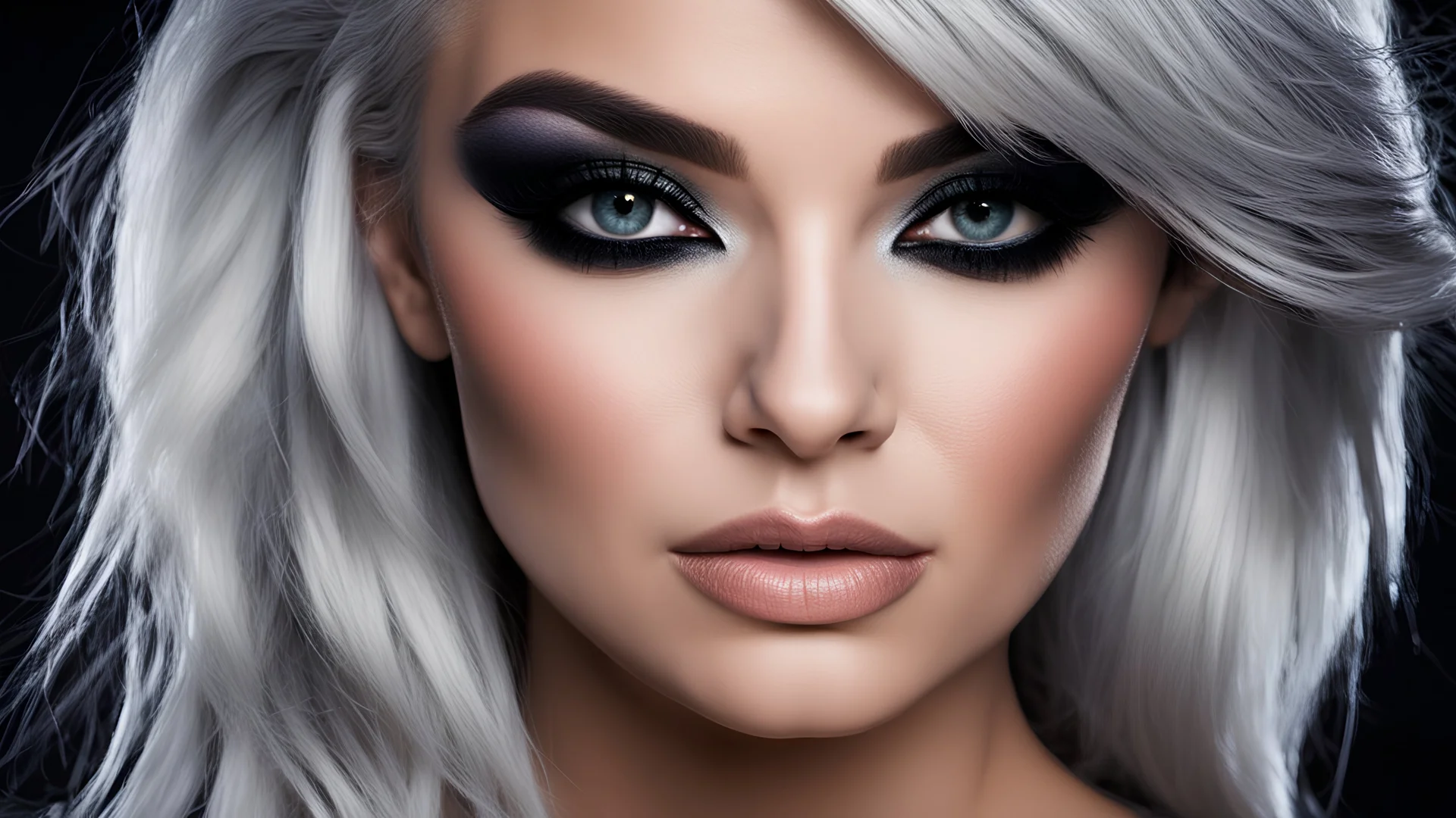 (hdr, dark shot:1.2), closeup portrait photo of beautiful woman, 25 years ols, makeup, dramatic eyeliner, vibrant silver hair, punky, sexy, simple black background, 8k uhd, high quality, dramatic, cinematic, vibrant colors, high contrast, (natural skin texture, hyperrealism, soft light, sharp)