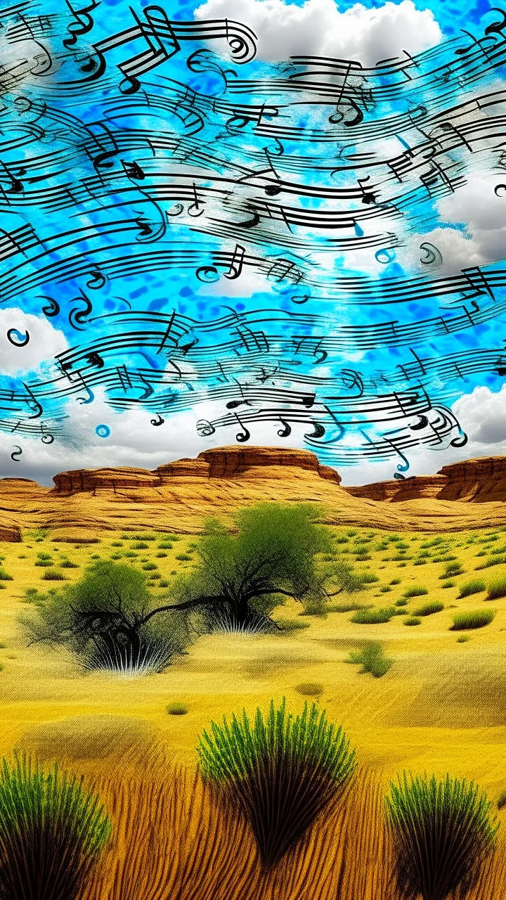 A white cloudy sky with icy music notes designed in Navajo baskets painted by Claude Monet