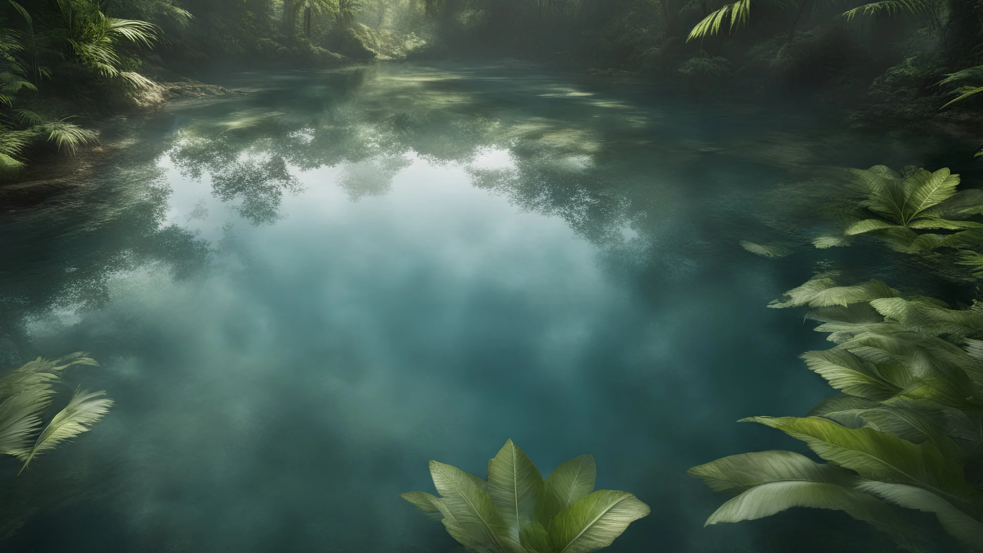 Photoreal gorgeous top down view of a super smooth reflecting water surface in the ancient mayan jungle by lee jeffries, otherworldly creature, in the style of fantasy movies, photorealistic, bokeh masterpiece smooth shading, ultra detailed, high resolution, cinematic, unreal 6, subtle shadows, octane render, 8k, cinema 4d, HDR, dust effect, vivid colors