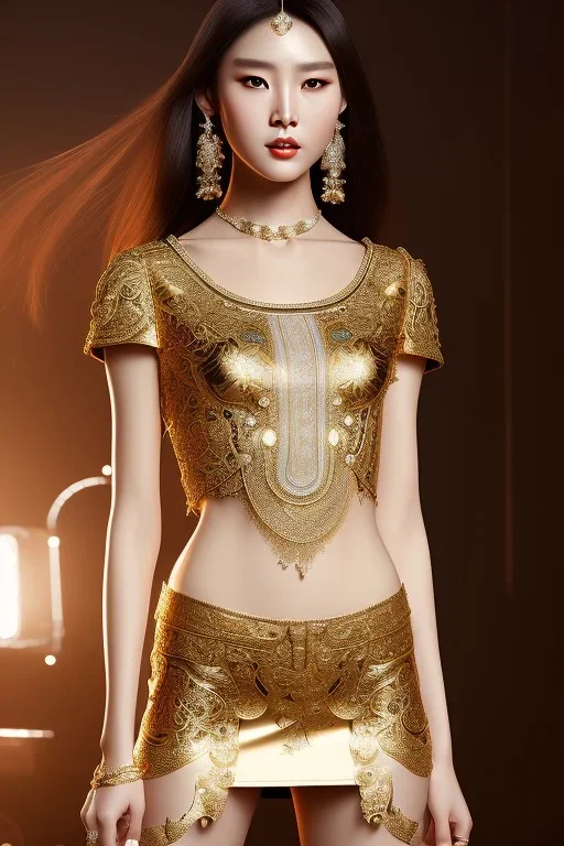 Beautiful perfect Portrait lady, chunyu full body shot, full-color long shot skin-tight ornate gold filigree sheer crop top Tshirt and silver leather miniskirt positive space detailed hyperdetailed insane masterpiece picture of the day