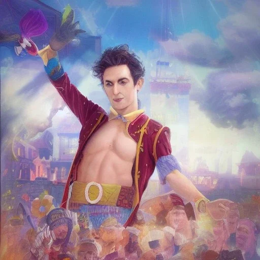 ringleader, Arthur Kulkov face shot, front, handsome, circus, male, Yamada Akihiro character portrait, Russian, lisa Frank fantasy, detailed matte painting, 8k resolution, Golden hour, interesting detailed storybook fantasy