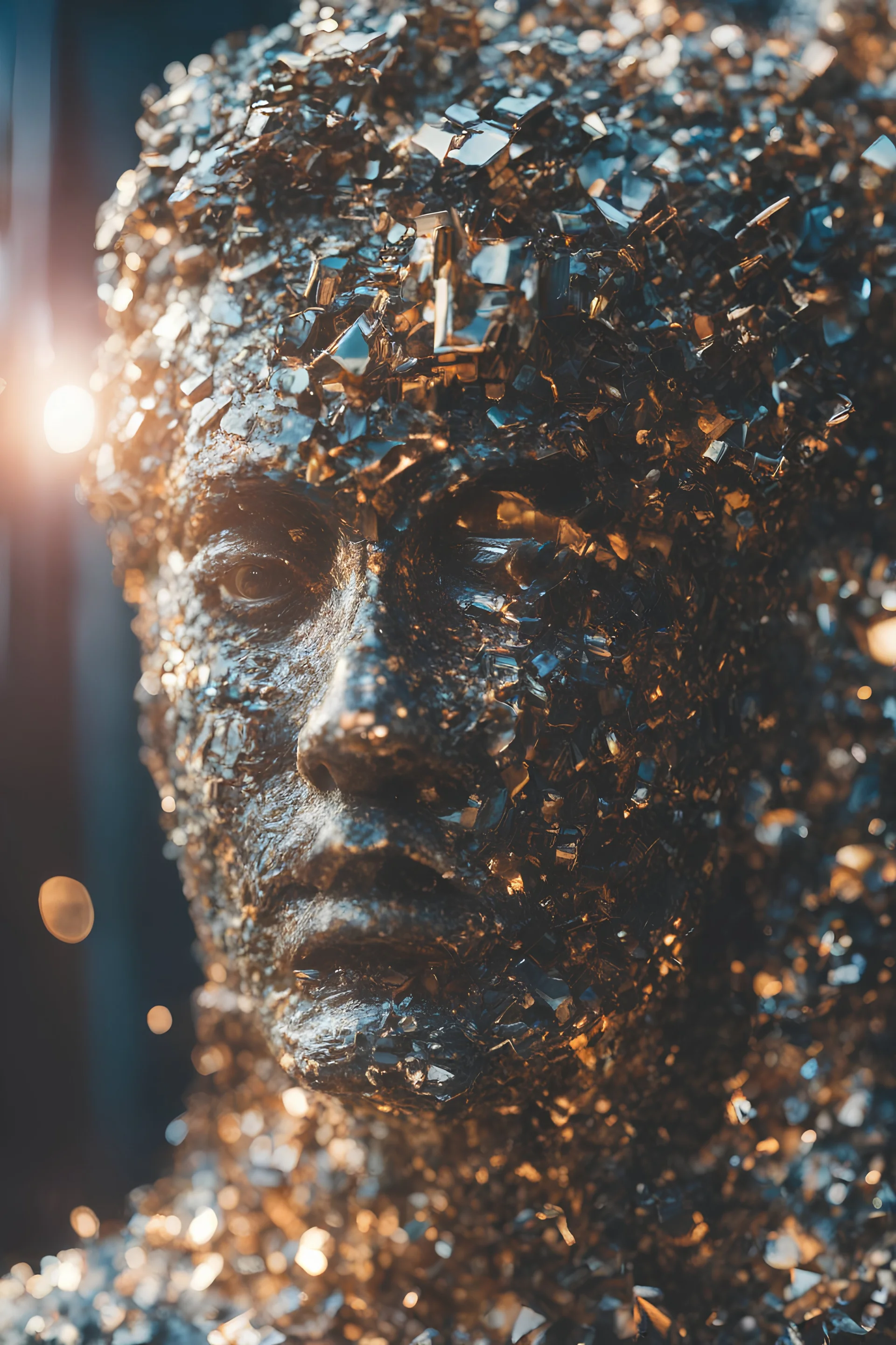 Raytraycing, glitchy-algorithmic surreal sculpture, cinematic, cinematic shot, dynamic composition, details, intricate detail, professional lighting, film lighting, 35mm, anamorphic, lightroom, cinematography, bokeh, lens flare, film grain, hdr10, 8k, Roger Deakins, incredibly detailed, reflect, sharpen