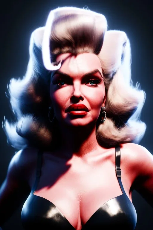 jayne mansfield as evil queen in black leather, angry, stern look, volumetric lighting, particales,highly detailed,cinematic, deep colours,8