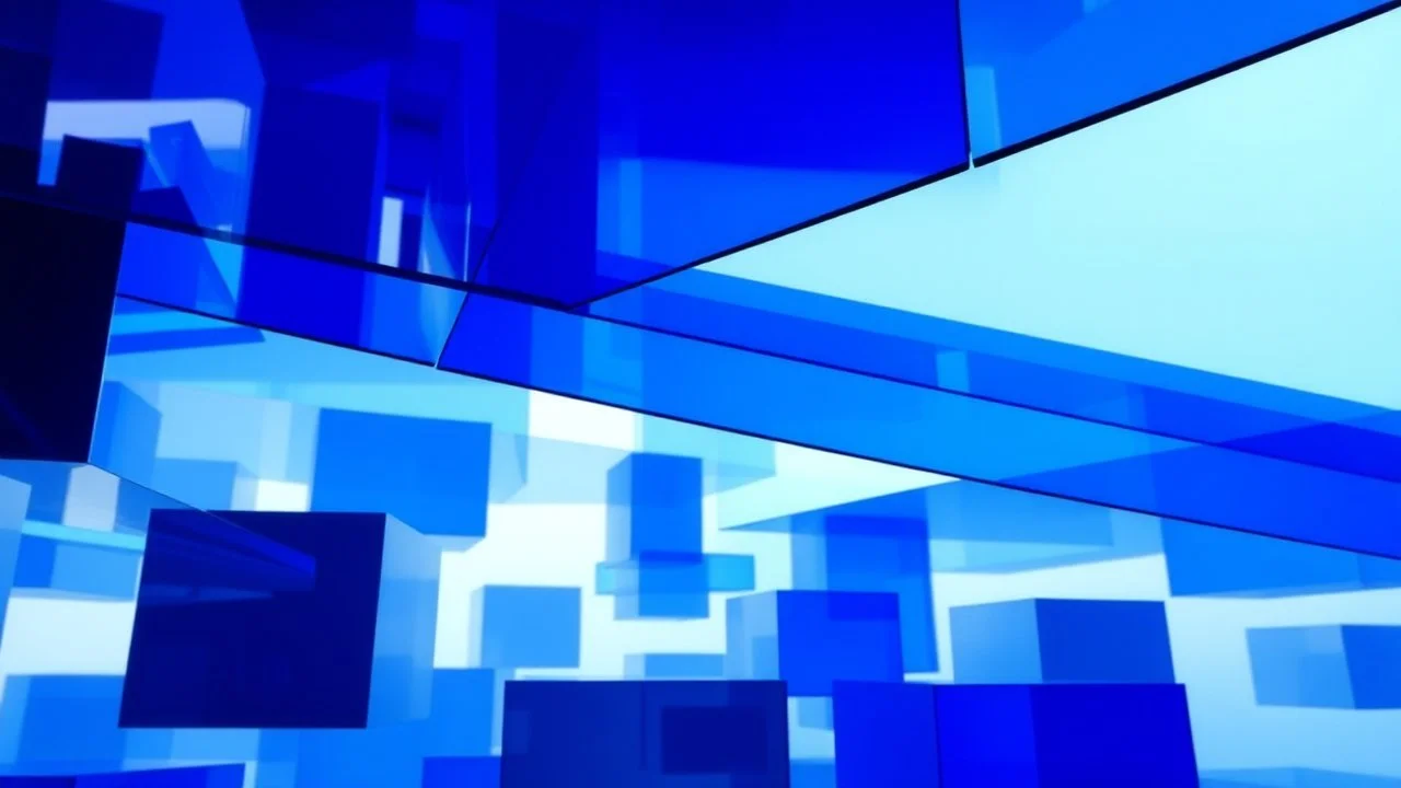Arquitectura de planos flotantes: una serie de planos de vidrio azul cobalto translúcido intersecando volúmenes cúbicos de metal pulido, suspendidos en un vacío difuso, luz ambiental suave.