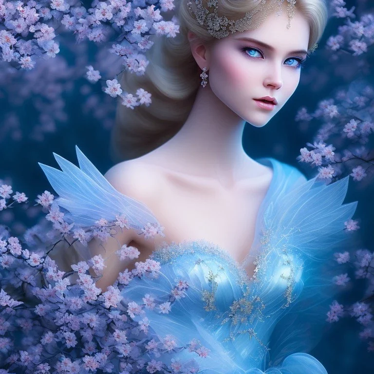 blue fairy, beautiful portrait, flowery landscape