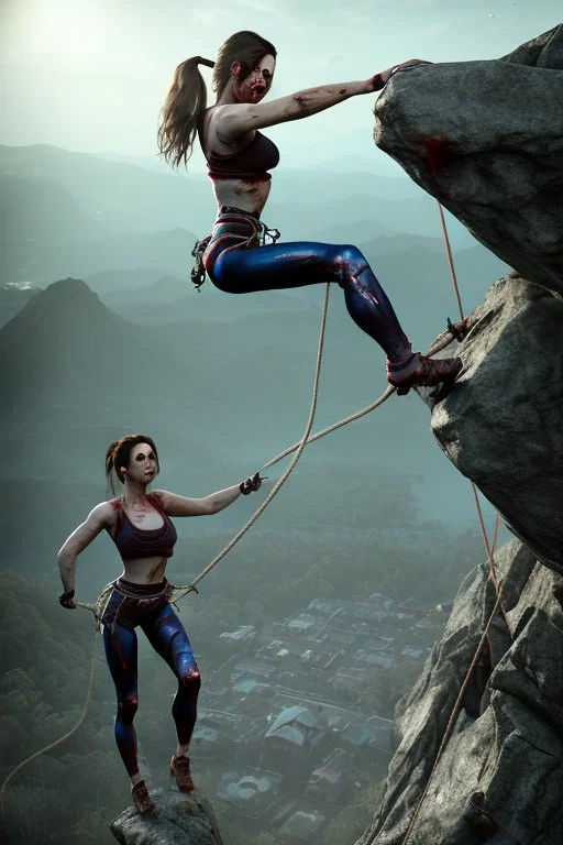 An action shot of a sexy looking zombie mountain climber, dramatic climb, an action shot, sexy crop top and tight leggings, climbing ropes,cinematic poster, cinematic lighting