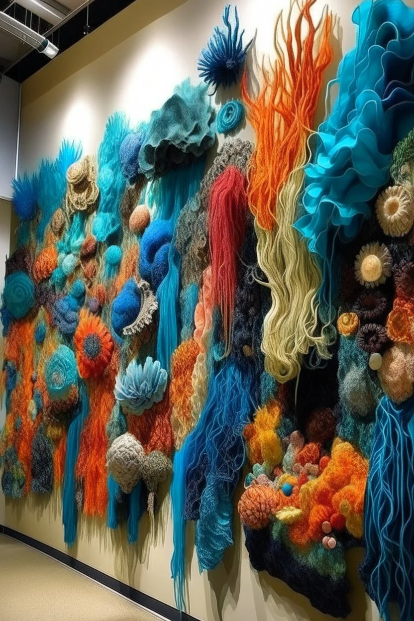 Create large-scale textile sculptures and hangings that resemble coral reefs, seaweed, and Mandarin Fish. Use a variety of textiles such as silk, chiffon, organza, and felt to mimic the textures of underwater life.