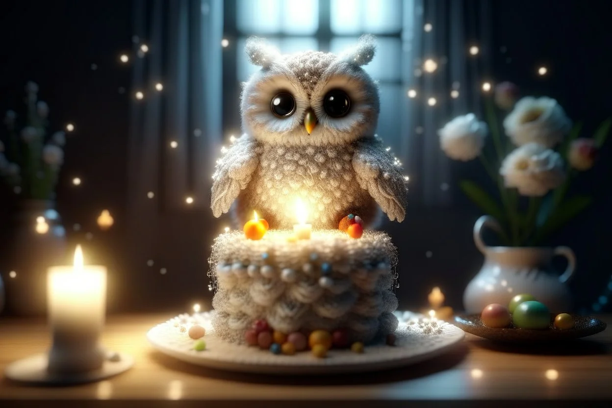 cute chibi plushy fluffy knitted and embroidered natural colored owl with cake in a kitchen, feathers, iridescent flowers incorporated, light emitting, bioluminescent holographic room, silver foil, sparkling diamonds, holographic raw pearls, ethereal, cinematic postprocessing