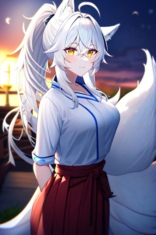 fox girl, masterpiece, best quality, cinematic lighting, detailed outfit, vibrant colors, perfect eyes, golden eyes, long hair, white hair, messy hair, hair between eyes, depth of field, ray tracing, ponytail, hakama, tails,