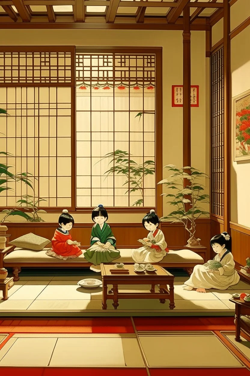 japanese childeren in a traditional japanese living room painting neoclassism