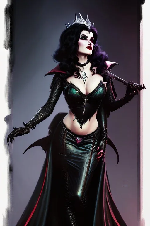 painting of morrigan hel as evil queen in black leather gown, feminie, angry, stern look on her face, emperious, highly detailed, digital painting, artstation, concept art, smooth, sharp focus, illustration, art by gaston bussiere and alphonse mucha