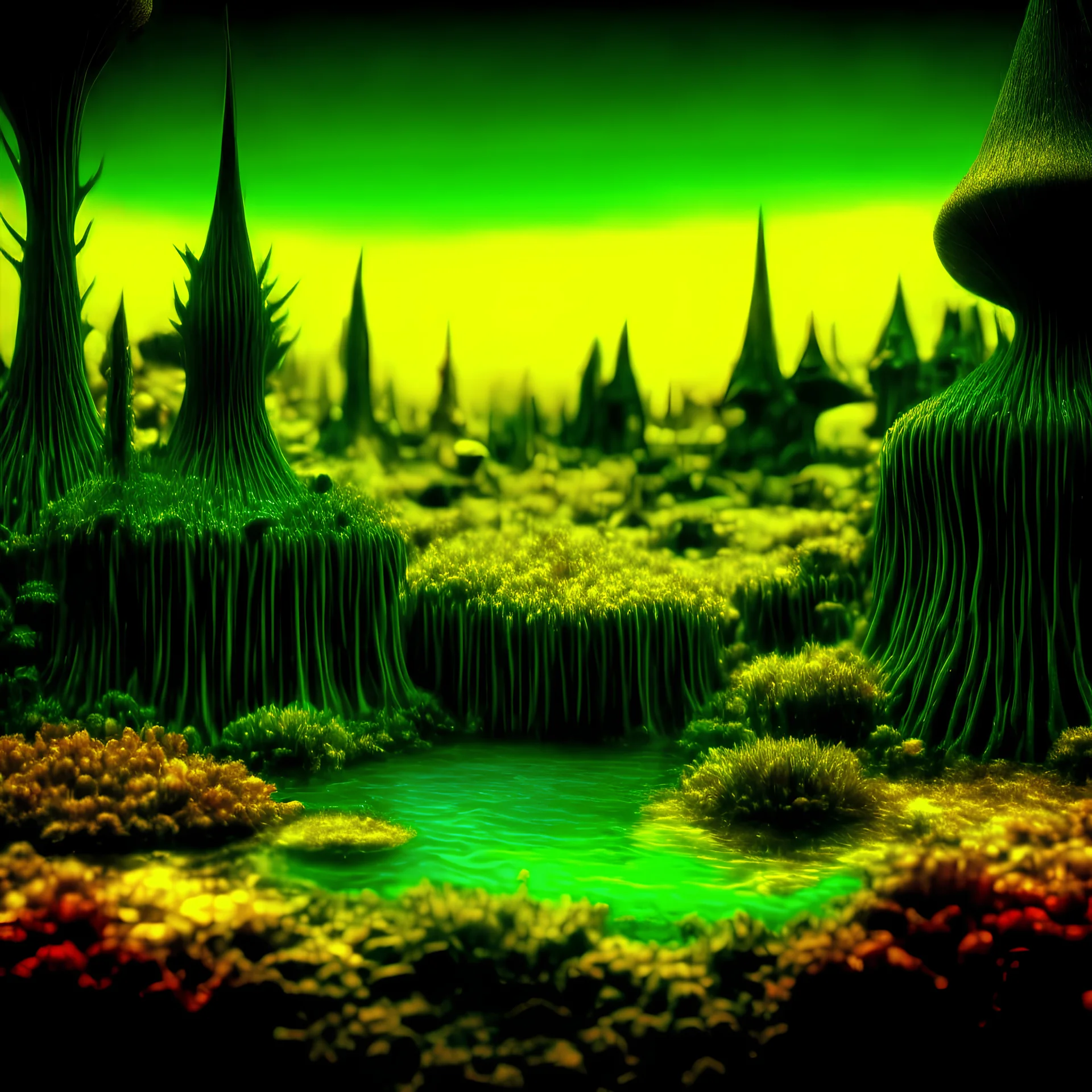 Odd swamp landscape with odd beings surreal abstract Max Ernst style, 120mm photography, sharp focus, 8k, 3d, very detailed, volumetric light, grim, fine art, very colorful, ornate, F/2.8, insanely detailed and intricate, hypermaximalist