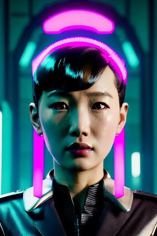 Blade runner portrait, Asian cyber woman:: symmetry photography, cyberpunk, pink hair, makeup, long line eye, light iris, :: latex coat, pink, white, black :: cinematic, Ultra realistic, dark scene, soft color, highly detailed, unreal engine 5, RTX, ultra detail, 3d, finely drawn, high definition.