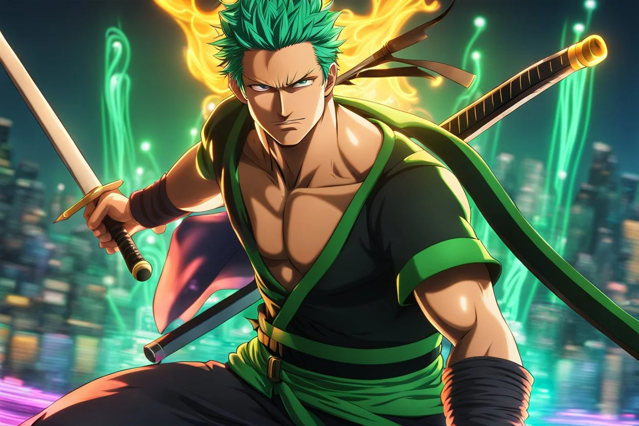 Zoro in 8k 2D anime realistic drawing style, close picture, fantasy, neon, highly detailed, high details, detailed portrait, masterpiece,ultra detailed, ultra quality