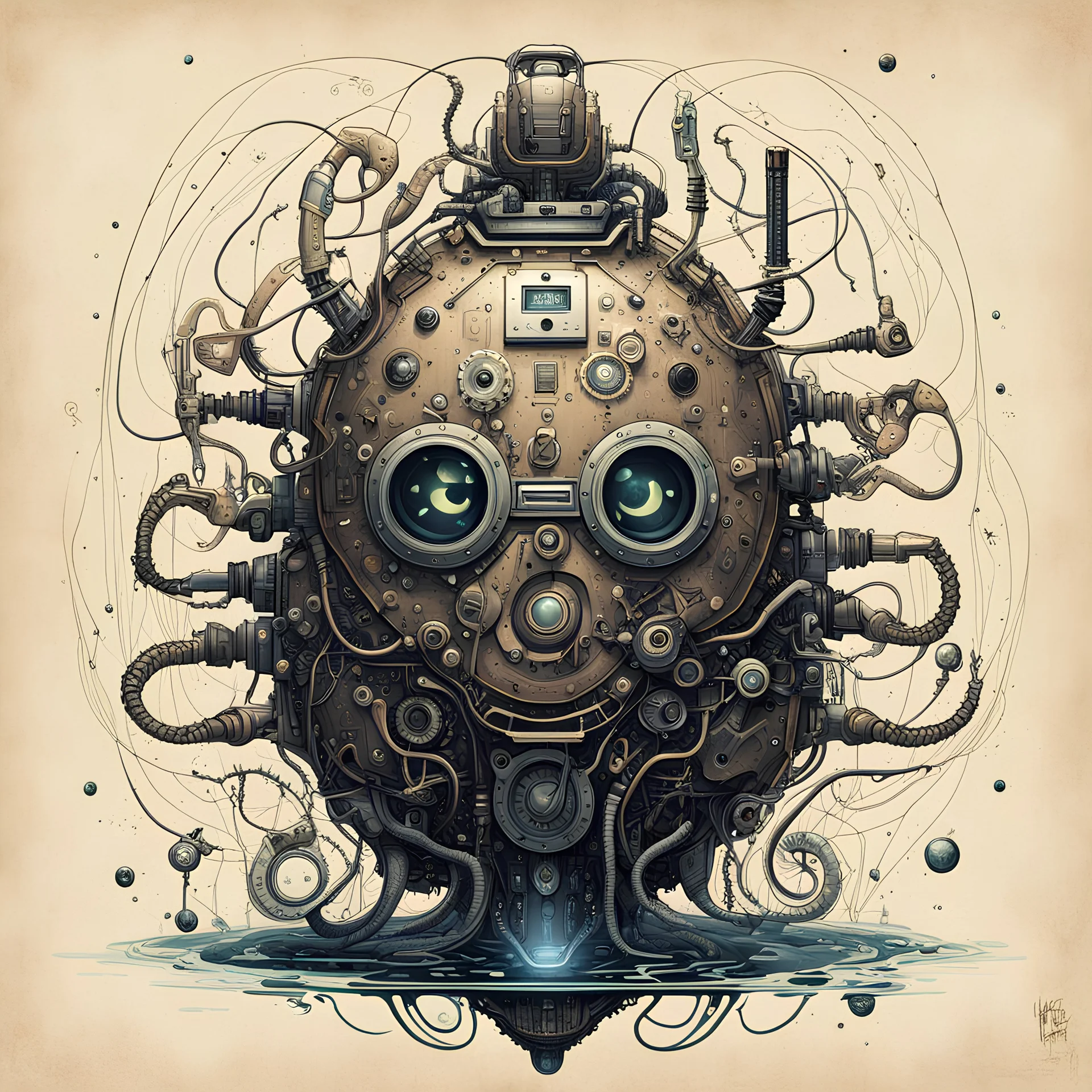 Liquid-filled tank with weird Eldritch biomechanical entity encased, sci-fi surreal art, by Brian Despain and Arthur Secunda and Petros Afshar, silkscreened mind-bending illustration; sci-fi poster art, asymmetric, Morse code dot and dash vertical texture, by Caras ionut